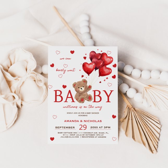 Bear Heart Balloons rouge Baby shower Invitation (Créateur téléchargé)