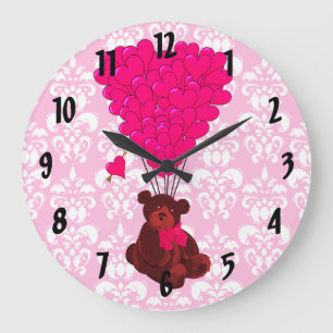 Bear & heart shaped balloons on pink damask large clock