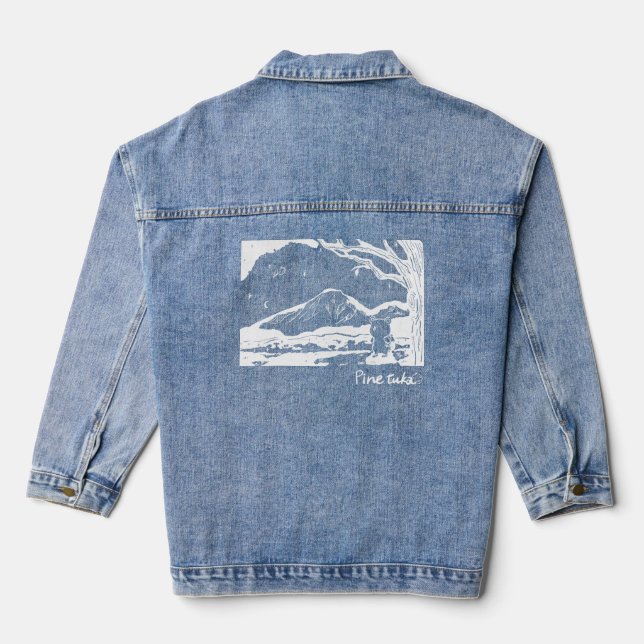 Bear Hiker at Mountain Sunset – Whimsical Denim Ja Denim Jacket (Back)