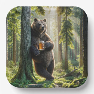 Bear Holding a Beer In Forest Paper Plate
