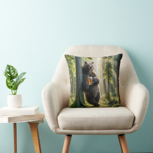Bear Holding a Beer In Forest Throw Pillow