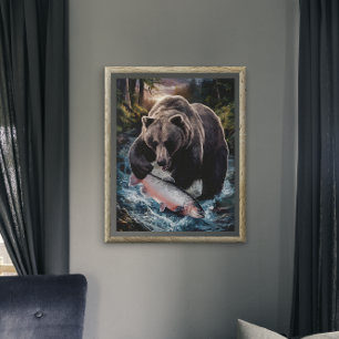 Bear holding a shimmering fish poster