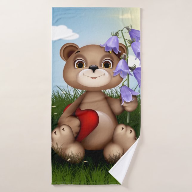 Bear Holding Bouquet Flower-30926 (Serviette de bain)