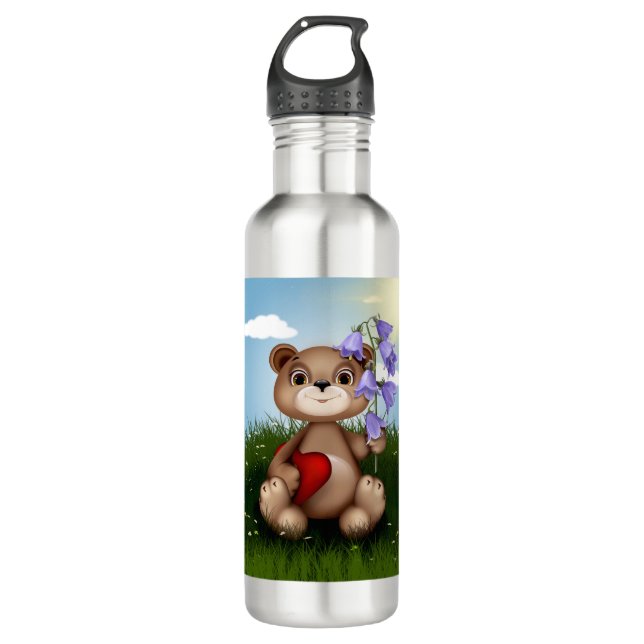 Bear Holding Bouquet Flower-30926 710 Ml Water Bottle (Front)