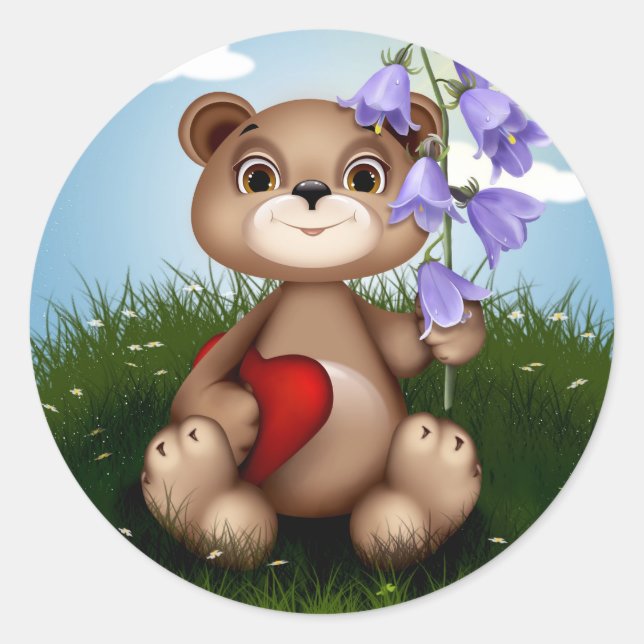 Bear Holding Bouquet Flower-30926 Classic Round Sticker (Front)