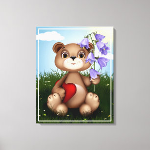 Bear Holding Bouquet Flower Canvas Print