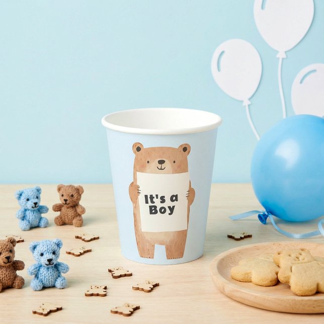 Bear holding sign cute blue baby shower paper cups (Bear holding sign cute blue baby shower paper cups.)