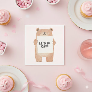 bear holding sign cute pink baby shower napkin