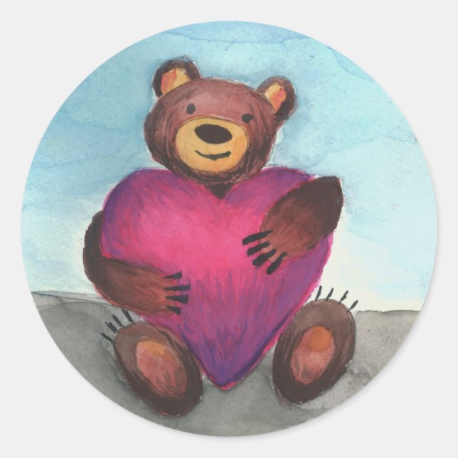 Bear holds heart classic round sticker (Front)
