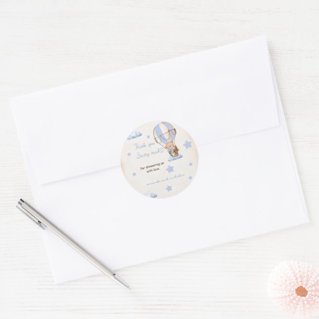 Bear hot air balloon baby shower blue classic round sticker (Envelope)