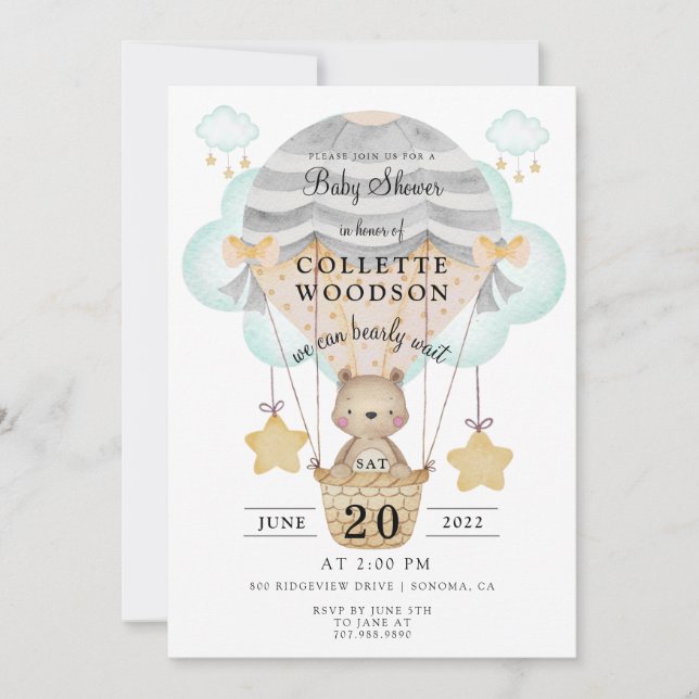 Bear Hot Air Balloon Baby Shower Invitation (Front)