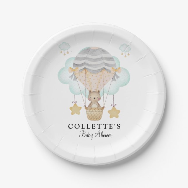 Bear Hot Air Balloon Baby Shower Paper Plate (Front)