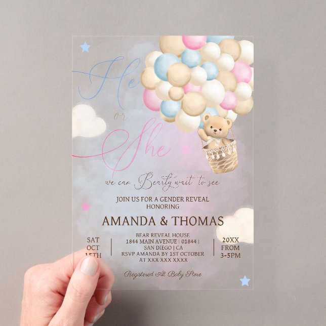 Bear Hot Air Balloon Gender Reveal Acrylic Invitations (Insitu (Handheld))