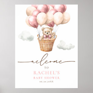 Bear Hot Air Balloon Girl Baby Shower Welcome Poster