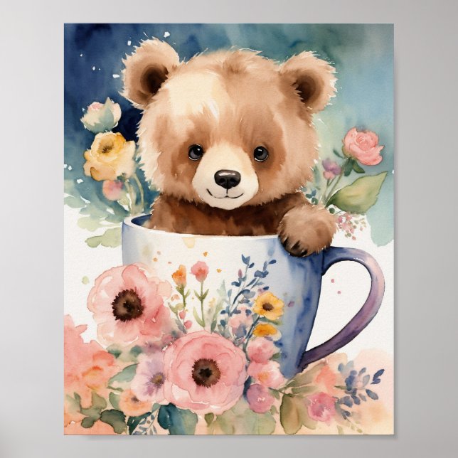 "Bear Hug Bouquet: Watercolor Cub Cuteness!" Poster (Front)