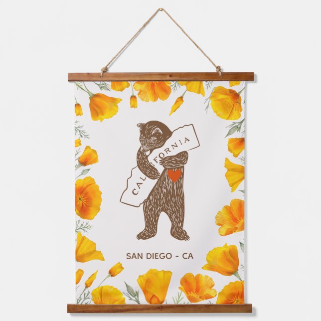Bear Hugging California Map Poppies Custom Hanging Tapestry (Front)