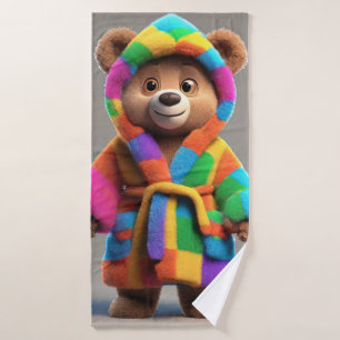 Bear in a colourful robe bath towel