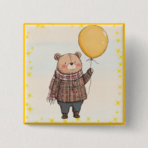 Bear in Brown Plaid Sweater with Yellow Balloon 2 Inch Square Button