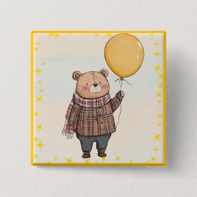 Bear in Brown Plaid Sweater with Yellow Balloon 2 Inch Square Button (Front)