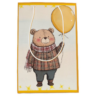 Bear in Brown Plaid Sweater with Yellow Balloon Medium Gift Bag