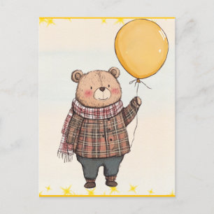 Bear in Brown Plaid Sweater with Yellow Balloon Postcard