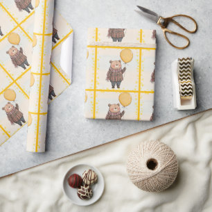 Bear in Brown Plaid Sweater with Yellow Balloon Wrapping Paper