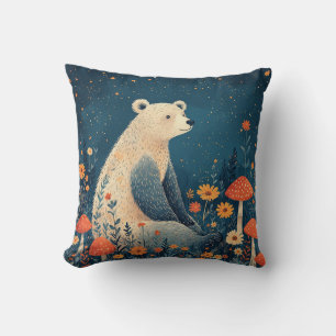 Bear in Colourful Forest With Stars and Mushrooms Throw Pillow