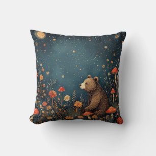 Bear in Colourful Forest With Stars and Mushrooms Throw Pillow