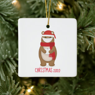 Bear in Face Mask Christmas 2020 Ceramic Ornament