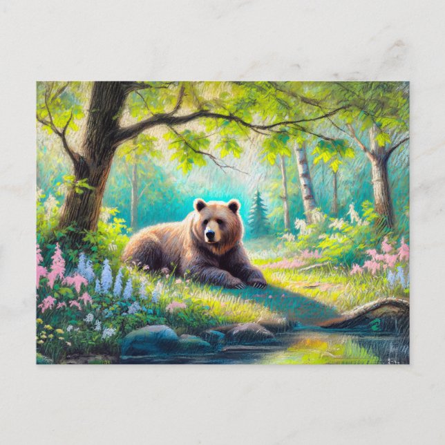 Bear in Forest Glade Pastel Chalk Drawing Postcard (Front)