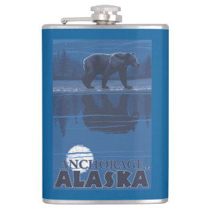 Bear in Moonlight - Anchorage, Alaska Hip Flask