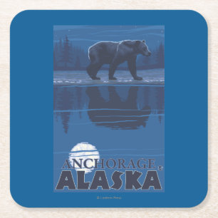 Bear in Moonlight - Anchorage, Alaska Square Paper Coaster