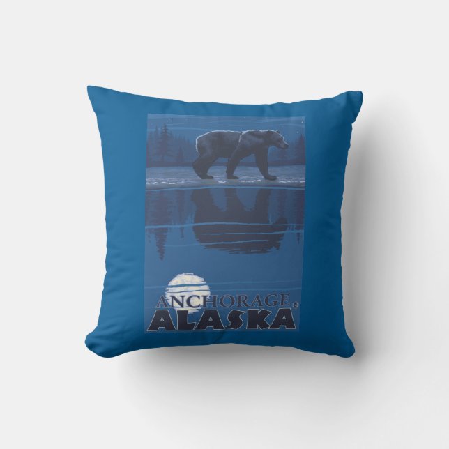 Bear in Moonlight - Anchorage, Alaska Throw Pillow (Front)