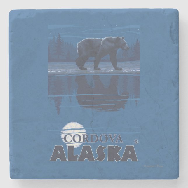 Bear in Moonlight - Cordova, Alaska Stone Coaster (Front)
