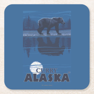 Bear in Moonlight - Curry, Alaska Square Paper Coaster