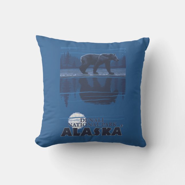Bear in Moonlight - Denali National Park, Alaska Throw Pillow (Front)
