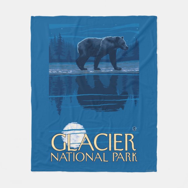 Bear in Moonlight - Glacier National Park, MT Fleece Blanket (Front)