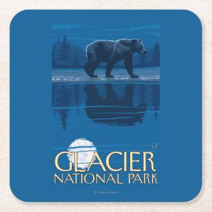 Bear in Moonlight - Glacier National Park, MT Square Paper Coaster