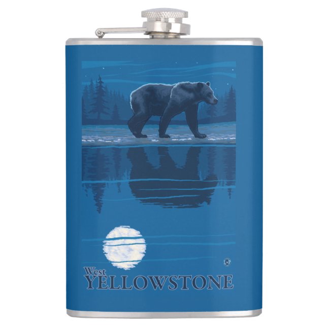 Bear in Moonlight - West Yellowstone, Montana Hip Flask (Front)