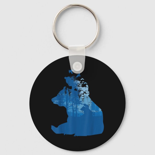 Bear In Nature Forest Silhouette Birds Environment Keychain (Front)