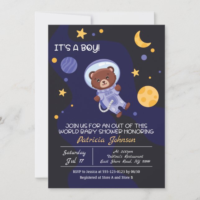 Bear in Outer Space Baby Boy Shower Invitation (Front)