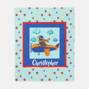 Bear in Plane, Cute Personalized Kid's Fleece Blanket