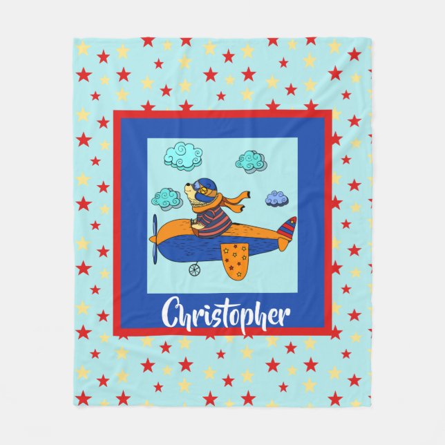 Bear in Plane, Cute Personalized Kid's Fleece Blanket (Front)
