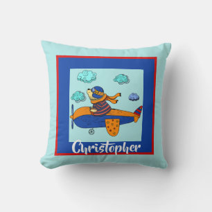 Bear in Plane, Cute Personalized Kid's Throw Pillow