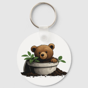 Bear in Potted Plant Illustration Keychain