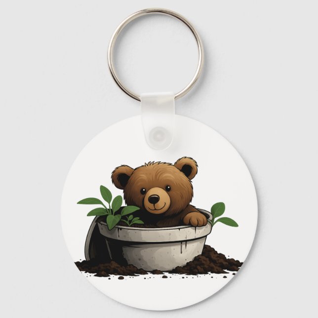 Bear in Potted Plant Illustration Keychain (Front)