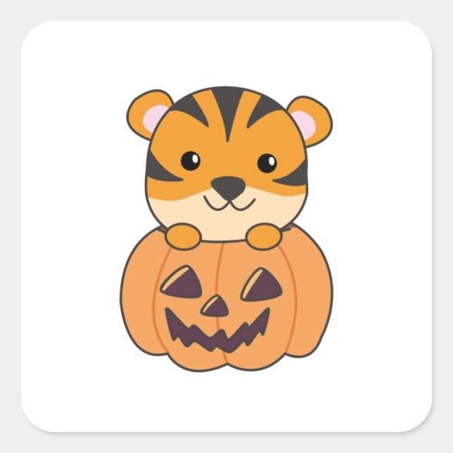 Bear In Pumpkin Orange Tiger Halloween Haircat Square Sticker (Front)