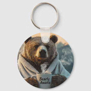 Bear in Robe Holding Coffee Mug Keychain
