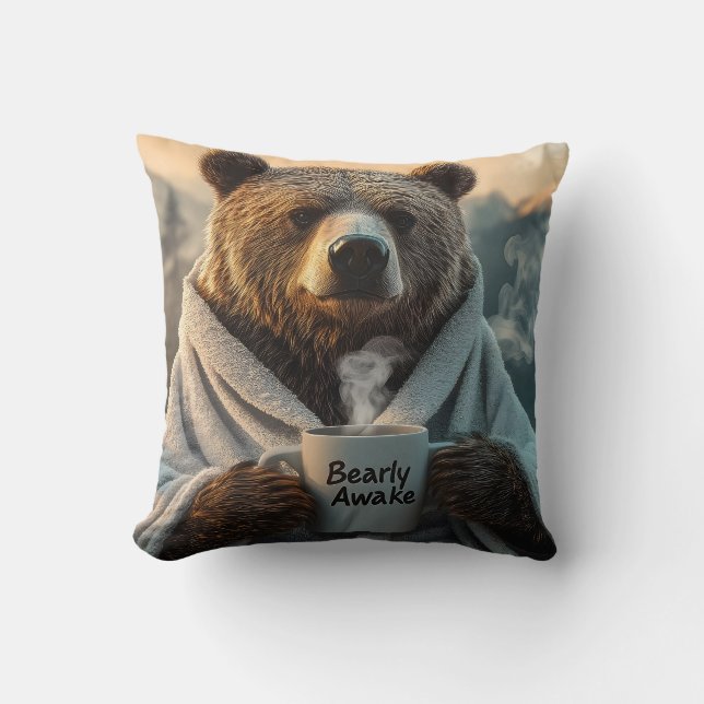Bear in Robe Holding Coffee Mug Throw Pillow (Front)