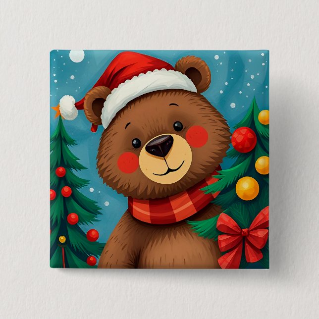 Bear in Santa Hat Among Christmas Trees 2 Inch Square Button (Front)